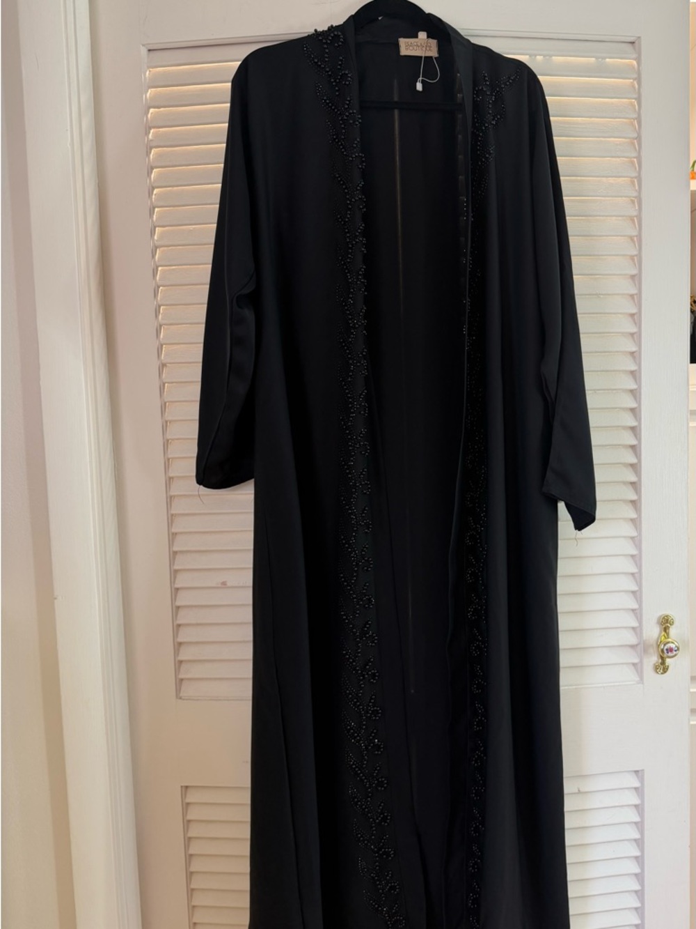 Elegant Black Beaded Open-Front Abaya